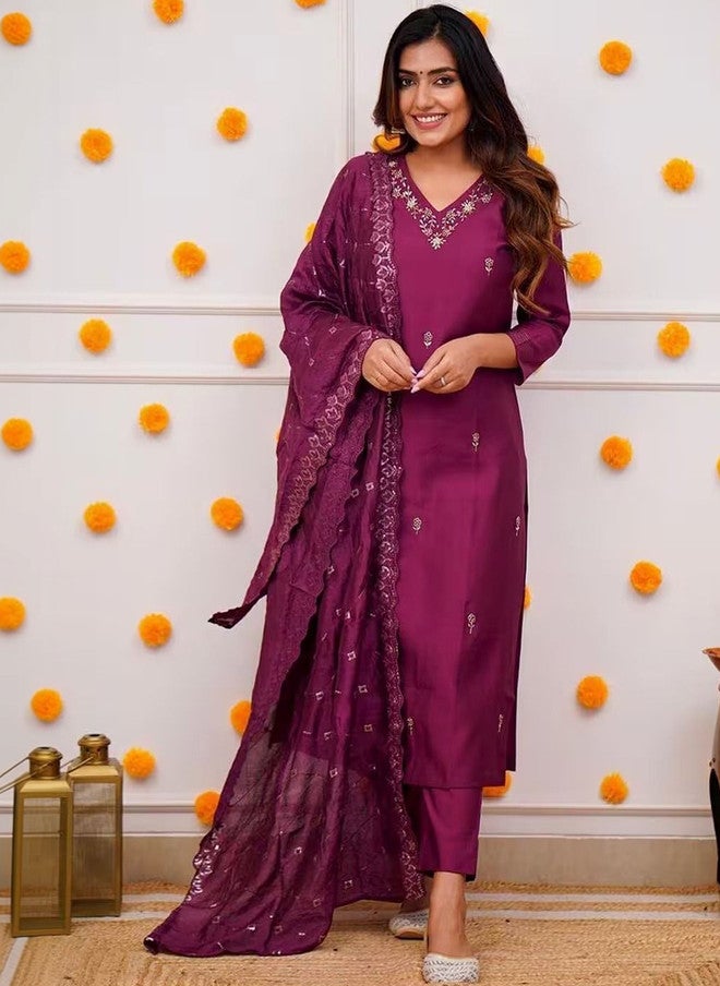 Women Basket Women Ethnic Motifs Embroidered Kurta Set with Trousers and Dupatta - Image 2